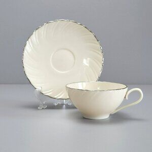 Vintage Lenox Weatherly Teacup & Saucer, Swirl & Platinum Trim USA c.1956-86